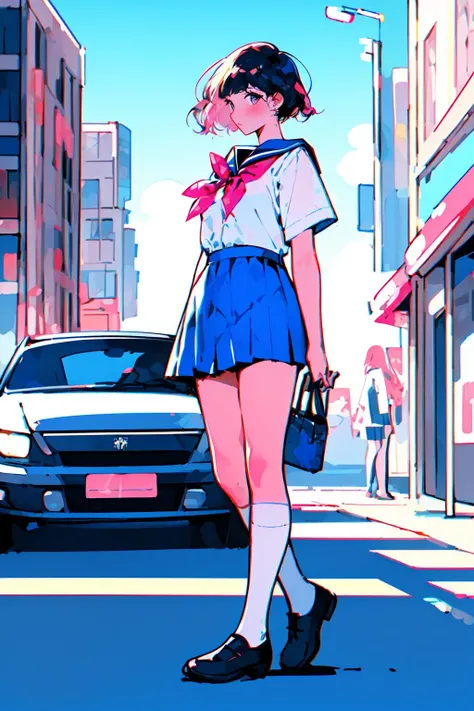 best quality, master piece, blue and pink,1 girl, short hair, school uniformï¼street, car ,store, flower, <lora:Blue and pink_20230906004437-000016:0.9>