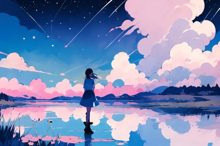 best quality,master piece,blue and pink,1 girl, standing on the lake, reflection, starry sky,  <lora:Blue_pink_palette:0.9>,