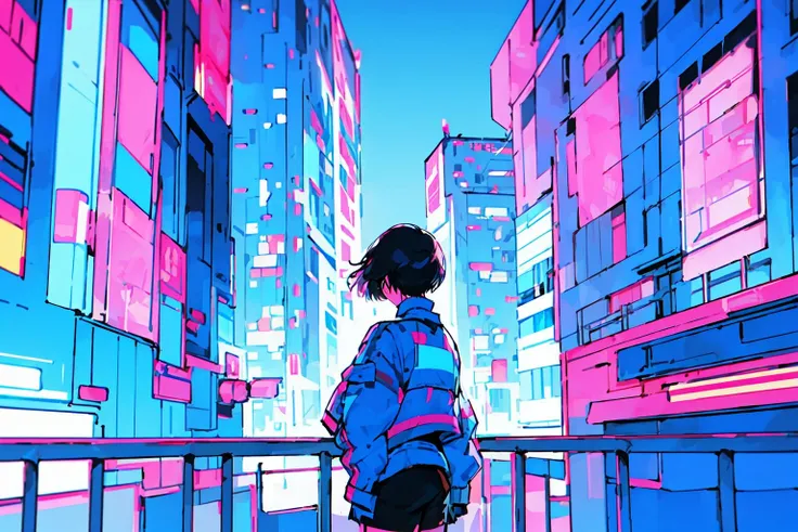 best quality, master piece, blue and pink,1 girl, short hair, fashion, jacket, robot arm, cyberpunk city, neon palette, night, city view,<lora:Blue_pink_palette:0.9>