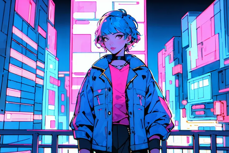 best quality, master piece, blue and pink,1 girl, short hair, fashion, jacket, robot arm, cyberpunk city, neon palette, night, city view,<lora:Blue_pink_palette:0.9>