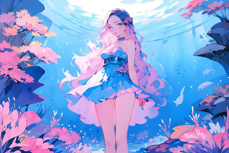 best quality,master piece,blue and pink,1 girl, underwaterï¼Deep seaï¼whale, strapless dress <lora:Blue_pink_palette:0.9>,