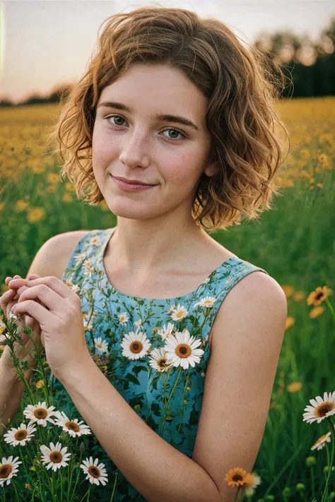 (candid:1.1) photograph of a pretty young girl  (meticulously:0.9) picking different wildflowers, (pixie cut:0.8), (short hair:1.1), meadow, 1970s, summer (evening:1.1), ([bundle|bouquet] of assorted wildflowers:1.2), (nostalgic, nostalgia:1.3), (focused attention:0.9), (summer dress:1.1), (gentle smile:0.7), (golden hour:1.2), fields of daisies and poppies, subtle grain texture, (soft focus:1.1), tranquil, idyllic, peaceful, Kodak Portra 800, Kodachrome film aesthetic, (dusk:1.1), analog photo, muted colors, (shallow depth of field:1.1), cinematic, (faded:0.7), f/1.2, (tall [grass|plants|shrubs|flowers|undergrowth]:1.2), (pushed to iso:1.2), melancholy, low [angle|perspective], blurry foreground, bokeh  , (low angle shot, emphasizes scale:1.2)