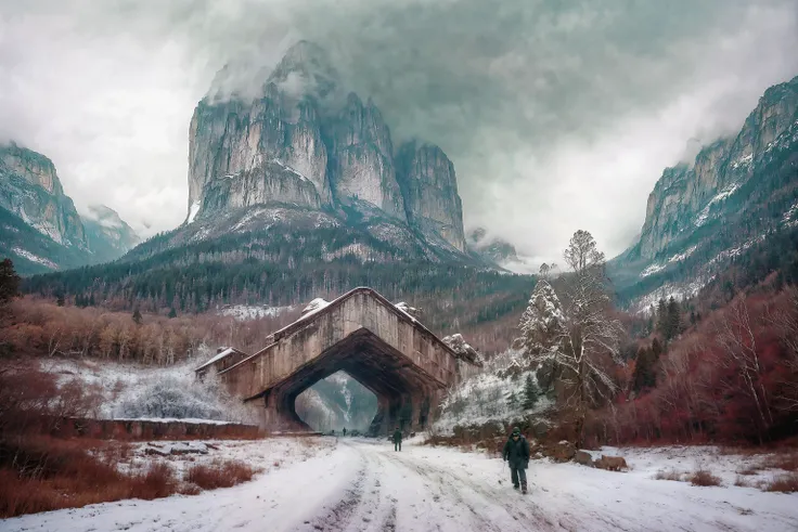 arafed view of a man walking down a snowy road with a bridge