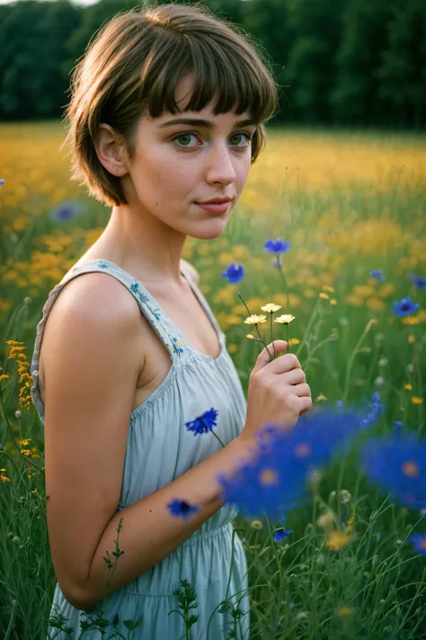 arafed woman in a field of flowers with a blue dress