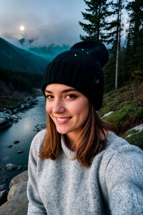 photograph, photo of beautiful woman, selfie, upper body, solo, wearing pullover, outdoors, (night), mountains, real life nature, stars, moon, cheerful, happy, gloves, sweater, beanie, forest, rocks, river, wood, smoke, fog, looking at viewer, skin texture, photo grain, close up, RAW photo