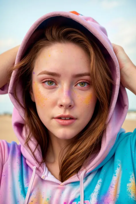 beautiful American college woman, wearing hoodie, looking at viewer, holi color festival, portrait, hyper detailed <lora:epi_noiseoffset2:1>, POV, by lee jeffries, nikon d850, film stock photograph ,4 kodak portra 400 ,camera f1.6 lens ,rich colors ,hyper realistic ,lifelike texture, dramatic lighting , cinestill 800,