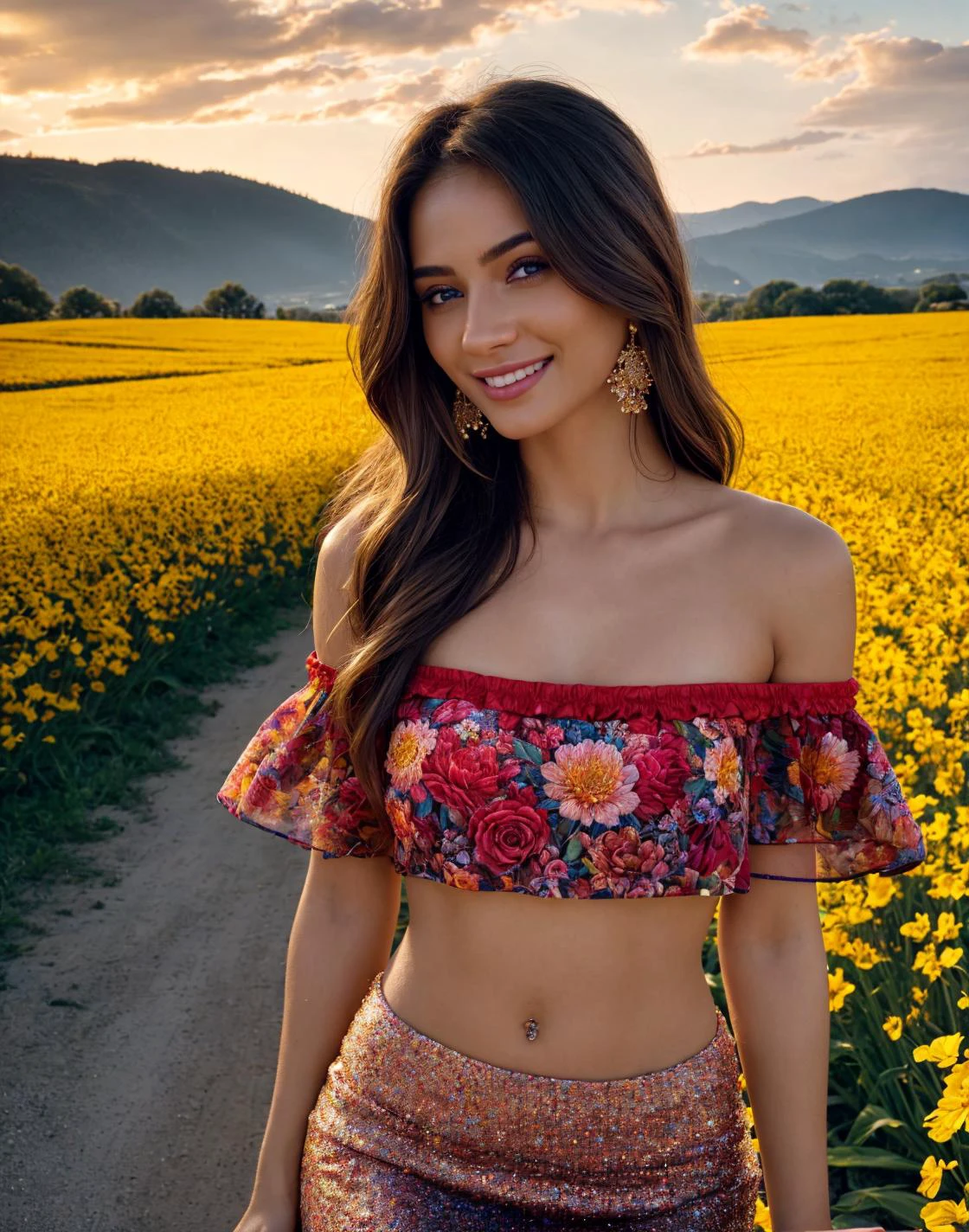 (32K resolution, masterpiece, ultra high quality, best quality, ultra high definition, perfect anatomy, Incredibly detailed, RAW, ultra super realistic, photorealistic, cinematic lighting, exquisitely detailed, extremely intricate, 8k UHD, high resolution), (1girl), cropped off-shoulder tank top, skirt, elegant hair, standing in the middle of a flower field, seductive smile, dynamic vivid colors