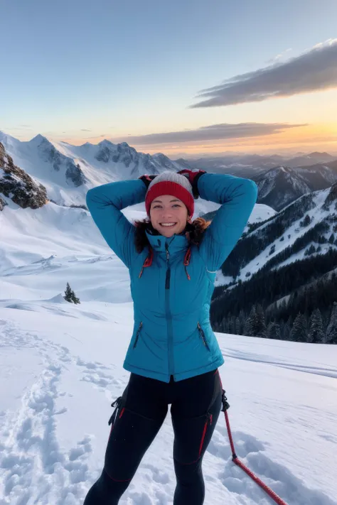 arafed woman standing on a snowy mountain with skis on