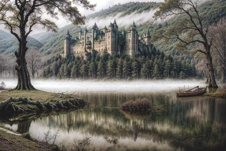 arafed castle in the middle of a lake surrounded by trees