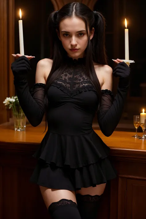 (night:1.3), dramatic candlelight, dark, cute skinny girl, (dynamic pose:1.3), petite, kawaii, slender, perfect symmetrical face, perfect hands, waifu, ultra cute face, ultra detailed eyes, ultra detailed hair, ultra cute, ultra beautiful, black hair, long twintails hair, embarrassed, black gothic dress, bare shoulders, black capelet, layered dress, frills, dark gothic castle room, artwork picture, looking at viewer,