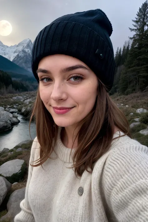 a woman in a black hat and sweater standing in front of a river