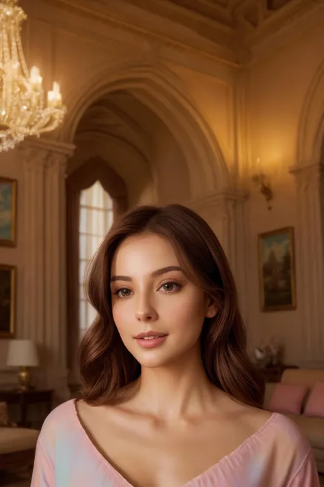 a close up of a woman in a pink dress in a room