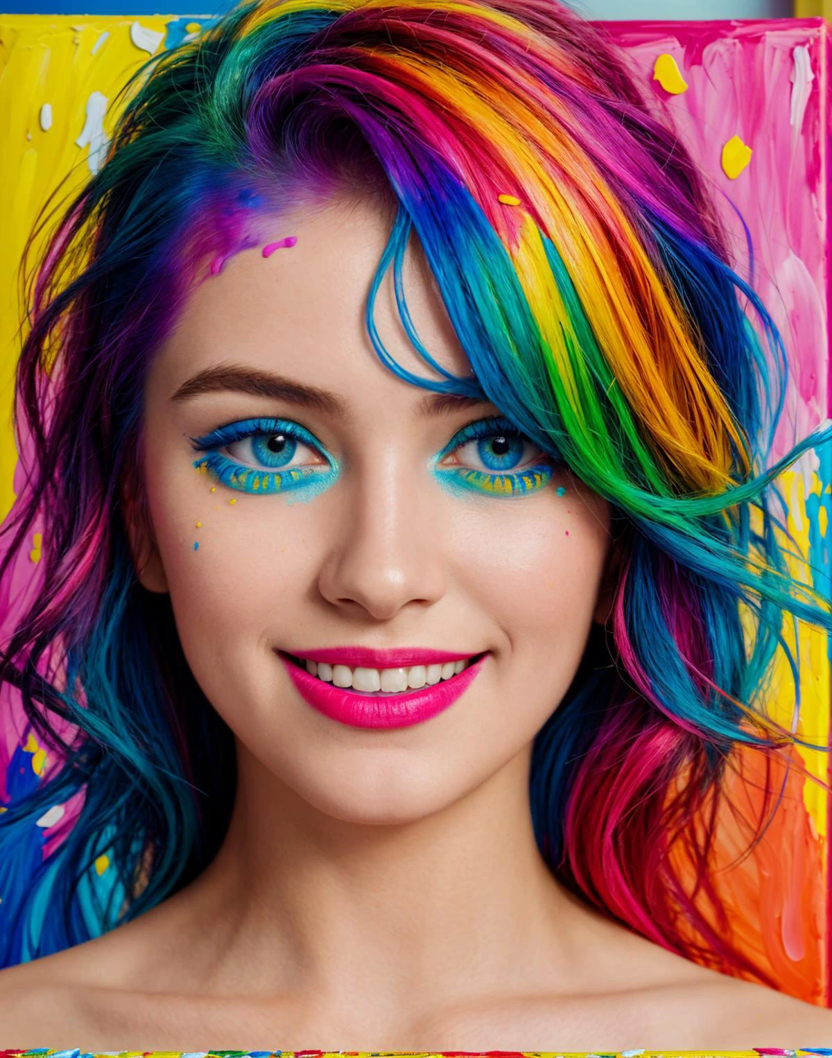 1girl, topless, (holding a painting canvas with surreal vibrant colors:1.2), (paint splattered everywhere:1.1), colorful, holding paint brush, alluring smile, perfect eyes, highly detailed beautiful expressive eyes, detailed eyes, swept back hair, 35mm photograph, film, bokeh, professional, 4k, highly detailed dynamic lighting, photorealistic, 8k, raw, rich, intricate details, key visual, bright vivid colors