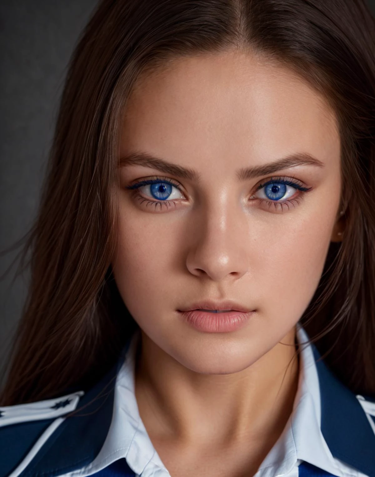 1girl, United States Air Force Dress Blues, cleavage, professional photo, perfect eyes, highly detailed beautiful expressive eyes, detailed eyes, (8k, RAW photo, best quality, depth of field, ultra high res:1.2), intricate, photorealistic, masterpiece, ultra-detailed), crisp, vivid lighting