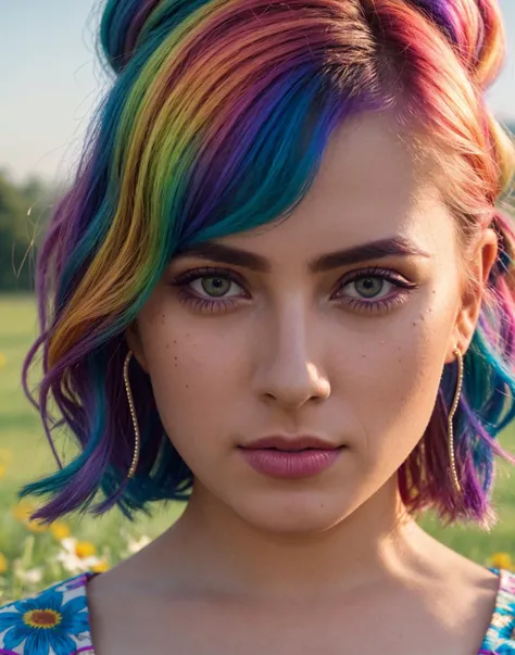 with rainbow hair lying in a field, wearing a floral print milkmaid dress, busty, perfect eyes, highly detailed beautiful expressive eyes, detailed eyes, rainbow, (highly detailed skin:1.1), professional photoshoot, distance view, (wide angle view:1.4), Intricate details, RAW, analog style, sharp focus, 8k, high resolution, canon dslr, 35mm photograph, film, bokeh, professional, 4k, highly detailed dynamic lighting, photorealistic, 8k, raw, rich, intricate details, key visual, vivid colors