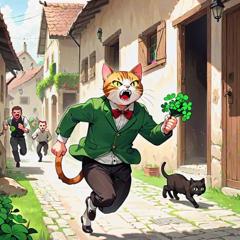 Cat running through a village while holding a bundle of clovers in its mouth, angry man chasing them in the background