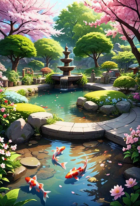 (masterpiece), realistic lighting, score_9, score_8_up, score_7_up, source_anime, realistic, intricate details, hyperdetailed, extremely sharp, 4k, ,vivid colors,
((masterpiece)), ((best quality)), (ultra-detailed), absurdres, extremely detailed CG unity 8k wallpaper, Official Art, (garden,with fountain, koi fish, flowers, cherry blossom trees, leaves on the ground, colorful, late spring scenery, illustration, dramatic lighting:1.1),
hyperdetailed, hyperrealistic, 8k, high quality, hi res, best quality, high quality, absurd res, volumetric lighting, reflections, polished, intricate, soft warm lighting,