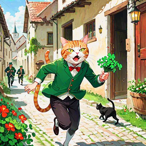Cat running through a village while holding a bundle of clovers in its mouth, angry man chasing them in the background