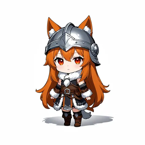 (8k, masterpiece, best quality, fine shadows, cinematic lighting, ultra high res), chibi, cute, holo, red_eyes, long_hair, orange_hair, animal_ears, wolf_ears, wolf_tail, viking, horned helmet, fur trim, white background, anime, <lora:anime_sdxl_v2:1>