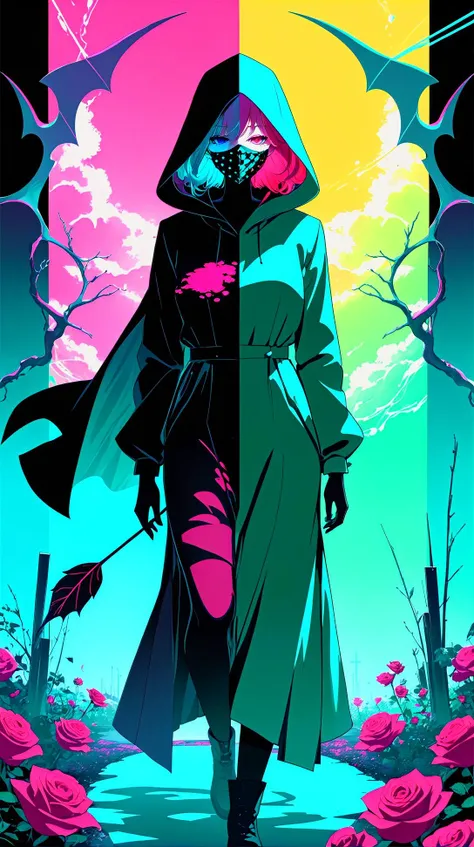 hyper realism, IR photo, light leaks, (split screen overlay , x-ray view:1.3), double exposure, (glitched image:1.2), a glitched out portrait of a red skin (demon girl) walking through a graveyard, succubus girl, vaporwave aesthetic, pixelation, sinusoidal distortions, screen tear, post modern deconstruction, molecular view, vibrational spiral signals, (rose garden overlay, split screen image:1.1), abstractions, experimental, anime rage, oniric portrait of a tall cloaked figure (with a glitched mask) and green clothing, vaporwave aesthetic, glitched body effect, Azem the Traveler, yearning to explore the ends of the world to discover its wonders and help its denizens, by Andy Kehoe, a gradient masterpiece, blue cyan yellow, Rococopunk, luminism, seamless, China ink, Ink Bubbles, alcohol ink elements, chiaroscuro, Shadow play, Gold leaf small lines, bright splashes of alcohol ink puddles, volumetric light, auras, rays of sunlight, bright colors reflect, isometric, digital art, 3d render, chromatic aberration, octane render, volumetrics, by greg rutkowski