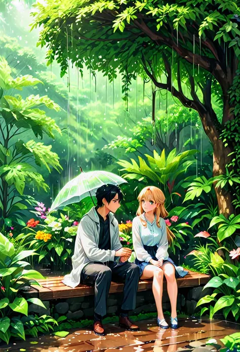 Produce a captivating anime motion scene set in a lush garden during a gentle rain. boy and girl. light reflex create an emotional atmosphere. The garden should be depicted with lush greenery, colorful flowers, and gracefully swaying trees, all animated with the subtle movement of raindrops falling from the sky. On a rustic wooden bench nestled beneath a canopy of foliage, portray two men seated close together, their gestures and expressions conveying a sense of camaraderie and contemplation amidst the tranquil ambiance of the rainy day. Animate the raindrops cascading down, creating ripples in puddles and causing leaves to shimmer with moisture. Add gentle movements to the characters, such as the subtle swaying of their clothing in the breeze, to enhance the realism of the scene. Capture the essence of friendship and tranquility in this serene anime motion image. 8k resolution, intricate details, masterpiece.