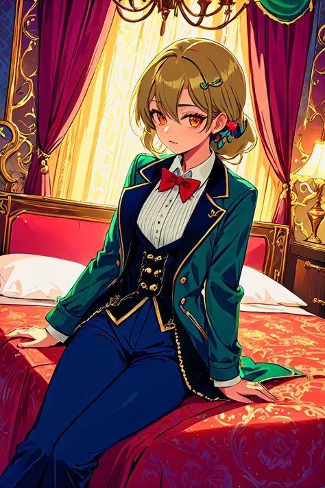 anime artwork (sfw:1.2) saudi arabian 1girl, as a flirty zombie, (suede open tailcoat jacket, dress shirt, vest, trousers, bow tie:1.2), sitting on a bed in a eerie dazzling extravagant motel room in a fancy palace, (brass vintage chic), a fairy tale of one thousand and one nights . anime style, key visual, vibrant, studio anime, highly detailed