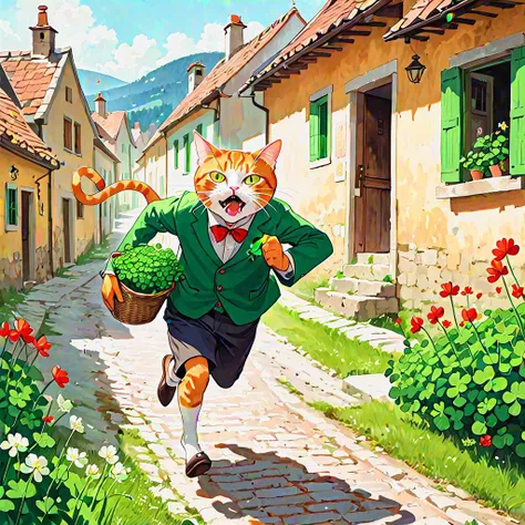 Cat running through a village while holding a bundle of clovers in its mouth, angry man chasing them in the background