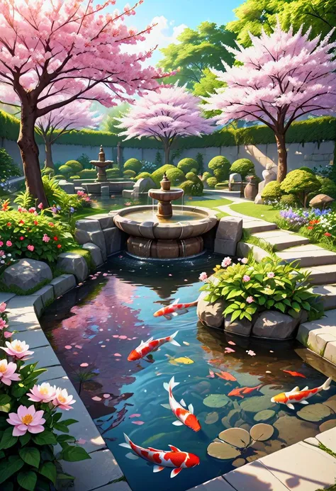 (masterpiece), realistic lighting, score_9, score_8_up, score_7_up, source_anime, realistic, intricate details, hyperdetailed, extremely sharp, 4k, ,vivid colors,
((masterpiece)), ((best quality)), (ultra-detailed), absurdres, extremely detailed CG unity 8k wallpaper, Official Art, (garden,with fountain, koi fish, flowers, cherry blossom trees, leaves on the ground, colorful, late spring scenery, illustration, dramatic lighting:1.1),
hyperdetailed, hyperrealistic, 8k, high quality, hi res, best quality, high quality, absurd res, volumetric lighting, reflections, polished, intricate, soft warm lighting,