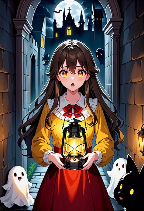 8K. (High quality:1.05), (masterpiece:1.05), (High details and aesthetics faces:1.05), 1female Anime 29 years old adult cute in a horror dark castle, she holdings an oil lantern in his hand, afraid with (dark puppy eyes:1.05), very long brown wavy hair until waist, mouth open in fear. (with yellow/red-eyed monsters:1.05), (and little ghosts emerging from the gloomy walls:1.05), (Maximum details:1.05)