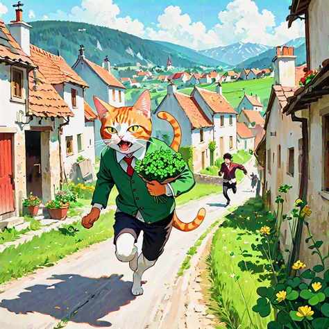Cat running through a village while holding a bundle of clovers in its mouth, angry man chasing them in the background