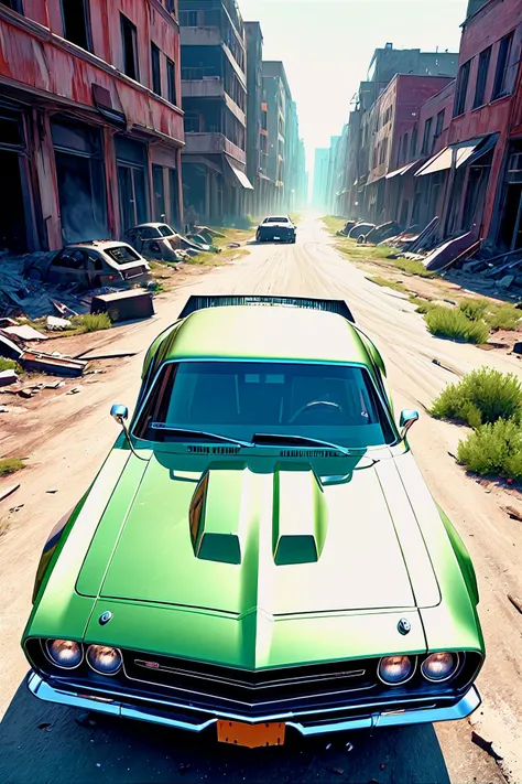 post-apocalyptic tall muscle car, raw photo, wide-angle lens, scenic, 4k, fully sharp, crisp, hyper-detailed
