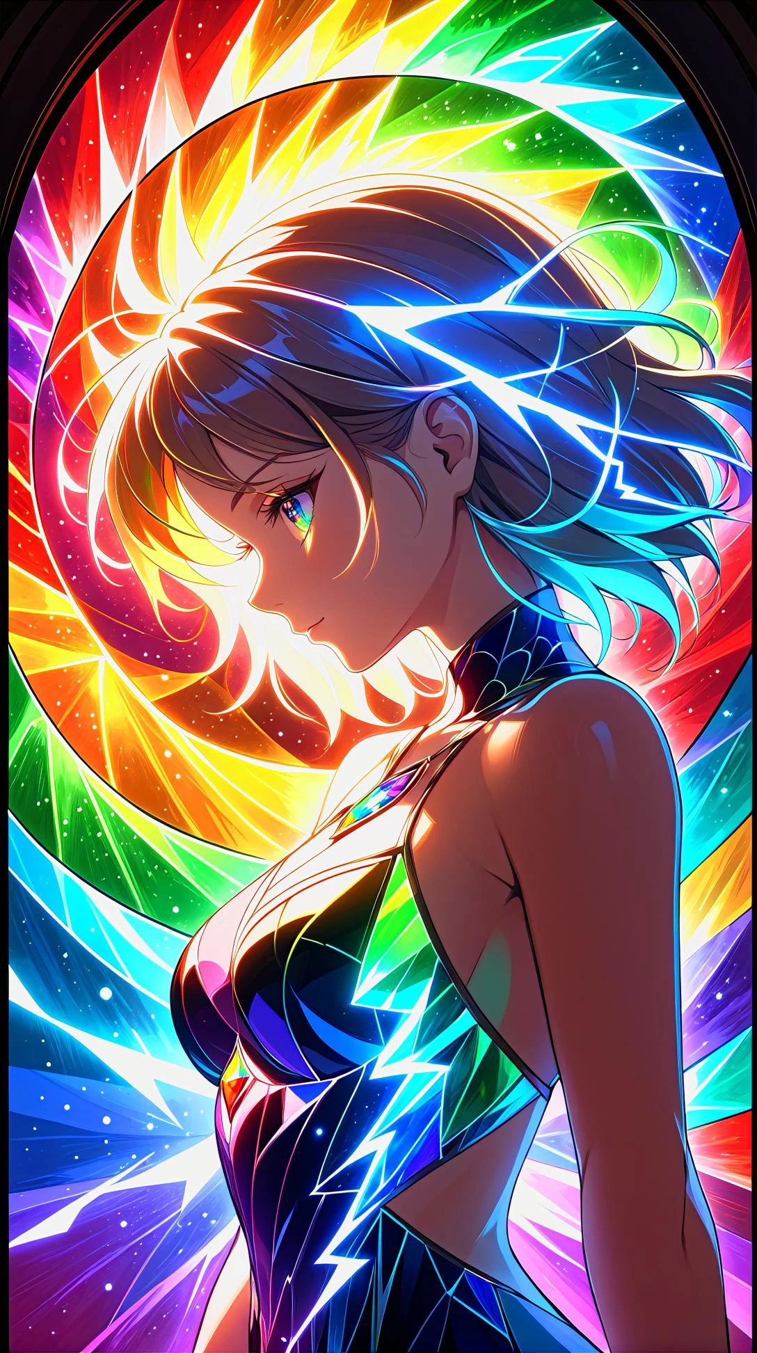 masterpiece, best quality, (1girl), fractal art, stained glass art style, glowing, sparks, lightning, chromatic aberration, fusion of rainbow with woman, artwork, side view, 18 years old, bare shoulders, fantasy art style