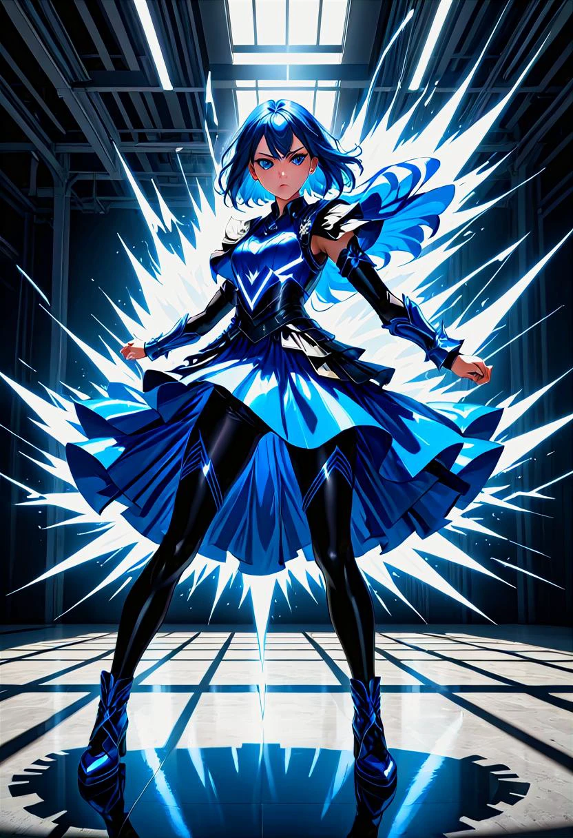 Full-body realistic 8K raw photography, Contemporary young Woman in Electric blue nhdsrmr:1.3), Direct eye contact, Intricate details, (Reflective surfaces:1.2), Steel embellishments, Fierce expression, Fighting stance, Dramatic shadows, (Light cascading:1.2), Captured with a Sony Alpha a7R IV, 50mm f/1.8 lens, High definition clarity, Raw intensity, Detailed textures <lora:Armor from HaDeS XL v3.4 Lite:1>, <lora:chest_adjust:-5>