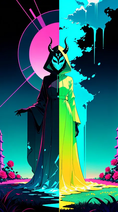 hyper realism, IR photo, light leaks, (split screen overlay , x-ray view:1.3), double exposure, (glitched image:1.2), a glitched out portrait of a red skin (demon girl) walking through a graveyard, succubus girl, vaporwave aesthetic, pixelation, sinusoidal distortions, screen tear, post modern deconstruction, molecular view, vibrational spiral signals, (rose garden overlay, split screen image:1.1), abstractions, experimental, anime rage, oniric portrait of a tall cloaked figure (with a glitched mask) and green clothing, vaporwave aesthetic, glitched body effect, Azem the Traveler, yearning to explore the ends of the world to discover its wonders and help its denizens, by Andy Kehoe, a gradient masterpiece, blue cyan yellow, Rococopunk, luminism, seamless, China ink, Ink Bubbles, alcohol ink elements, chiaroscuro, Shadow play, Gold leaf small lines, bright splashes of alcohol ink puddles, volumetric light, auras, rays of sunlight, bright colors reflect, isometric, digital art, 3d render, chromatic aberration, octane render, volumetrics, by greg rutkowski