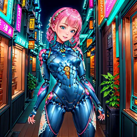 very high detail, masterpiece, robot, 1girl, caucasian, solo, haircut, full body, tall, mature, flat stomach, cyberpunk spectacles, flirting, light smile, :3, blush, robot, lace, collarbone, ribbon in hair, low pigtails, deep neckline, perfecteyes, rainbow hair, futuristic full robot bodysuit, wide belt, outdoor, cyberpunk city, night, neon lights, art by mooncryptowow, thumbs up, perfect hands, <lora:add-detail-xl:2>, <lora:chest_adjust:-8>, <lora:WowifierXL-V2:1.6>, <lora:Perfect Hands:0.8>, <lora:PerfectEyesXL:1>