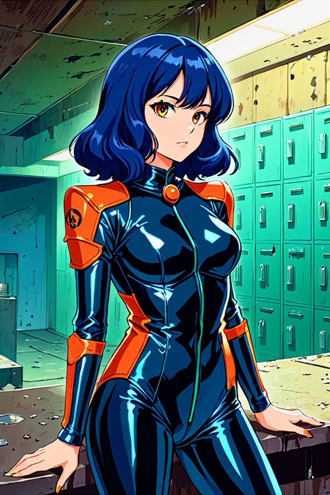 anime artwork (sfw:1.2) spanish 1girl, as a playful femme fatale, 1970s exploitation flashy waitress plugsuit, latex,body armor, 1970s exploitation flashy bunker, abandoned,brutalist,moody, bold glamour pose, flashy style and wistful mood, 1970s exploitation formal clothing style, vintage 1970s exploitation hair . anime style, key visual, vibrant, studio anime, highly detailed