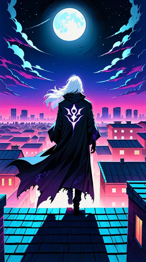 masterpiece, best quality, ultra high res, extreme detailed, colorful, highest detailed, visually stunning, by dino 1girl, cowboy shot, the charismatic rogue( looks to the viewer:1.6) as he moves between the roofs of the city wrapped in his tattered black robes and his (strong shadow magic:1.4), moonlight, long white hair, vaporwave