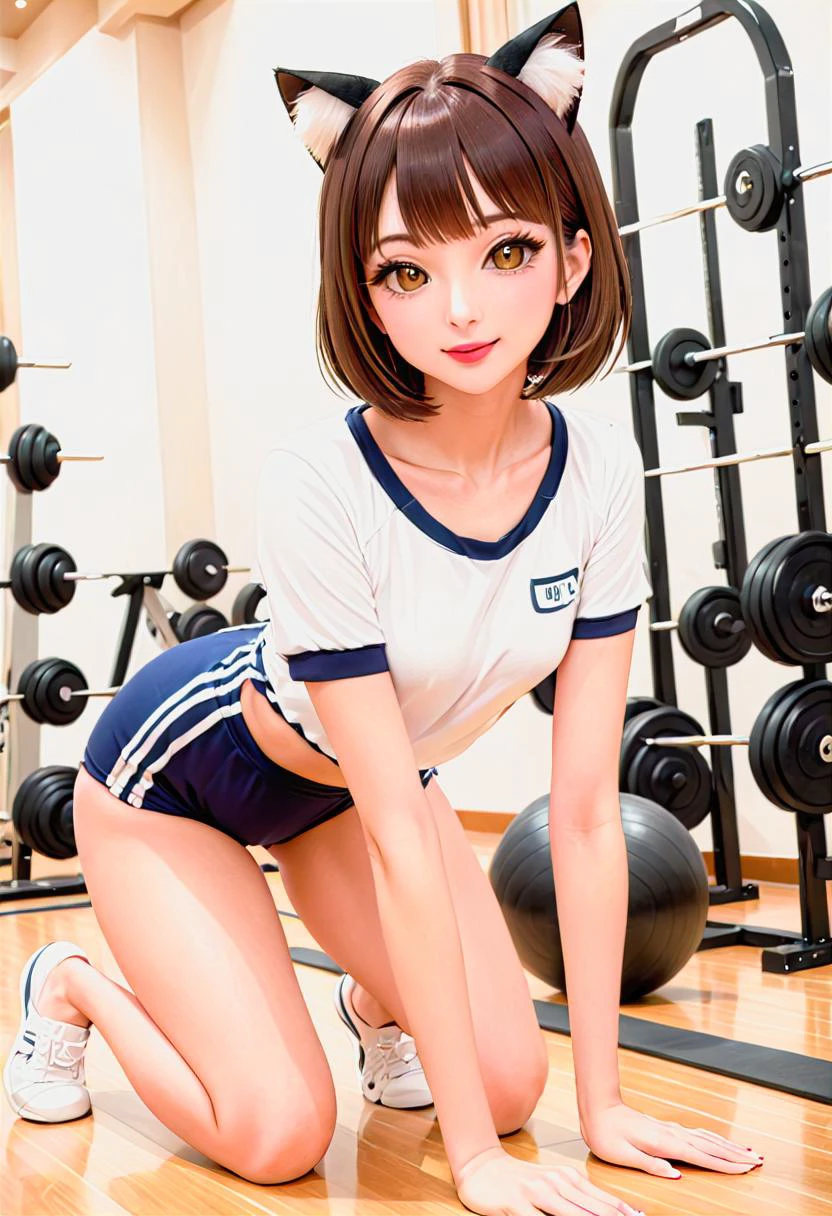 light particles, soft lighting, volumetric lighting, intricate details, very high detail, full body shot, 1girl, small breasts, animal ears, solo, mature, tall, cat ears, cateyes, long eyelashes, thick eyelashes, brown eyes, flirting, light smile, :3, blush, lipstick, makeup, jewelry, collarbone, gym uniform, Perfect Hands, perfecteyes, outdoor, posing to viewer, <lora:add-detail-xl:3>, <lora:chest_adjust:-5>, <lora:PerfectEyesXL:1>, <lora:Buruma_BLUE2S_SDXL_V1:1>