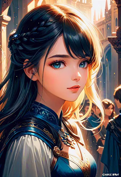breathtaking oil painting, 1girl, (upper body), closeup,(best shadow, dramatic lighting), (masterpiece, photorealistic), (best quality), tilt-shift effect, lens flare, epic fantasy, duotone color grading, establishing shot, photorealistic oil painting, by charlie bowater, fine details, by wlop, trending on artstation, very detailed