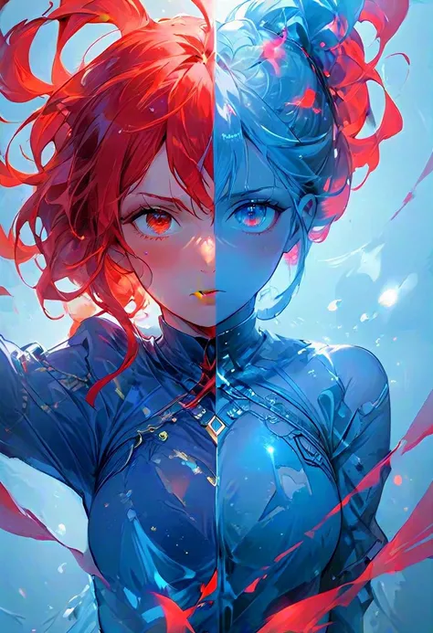 Double Exposure Photography , award winning,joy and pain,perfectly focused, woman in red and woman in blue, aw0k illuminate