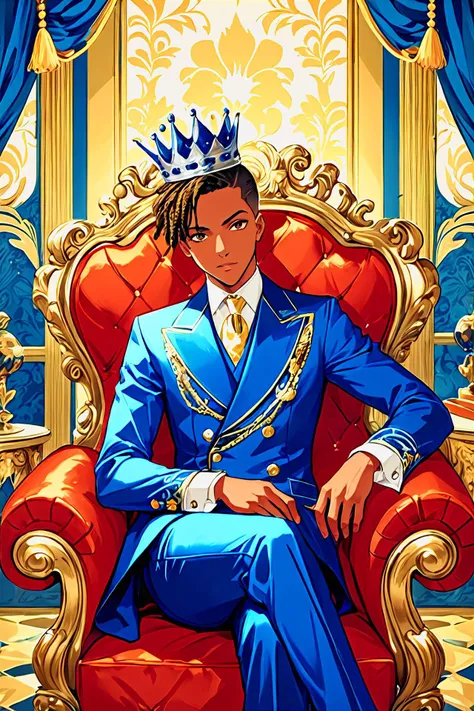 anime artwork (sfw:1.2) haitian 1boy, as a suspicious king, 1930s pulp magazine saffron royal suit, , crown, alluring expression, looking at the viewer, sitting on a bed in a 1930s pulp magazine ornamented luxurious loft in a posh mansion, (silver baroque chic), cyanotype . anime style, key visual, vibrant, studio anime, highly detailed