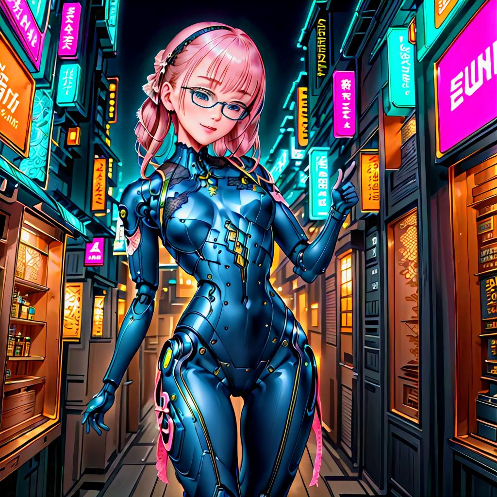 very high detail, masterpiece, robot, 1girl, caucasian, solo, full body, tall, mature, flat stomach, cyberpunk spectacles, flirting, light smile, :3, blush, robot, lace, collarbone, ribbon in hair, low pigtails, deep neckline, perfecteyes, futuristic full robot bodysuit, wide belt, outdoor, cyberpunk city, night, neon lights, art by mooncryptowow, thumbs up, perfect hands, <lora:add-detail-xl:2>, <lora:chest_adjust:-8>, <lora:WowifierXL-V2:1.6>, <lora:Perfect Hands:0.8>, <lora:PerfectEyesXL:1>