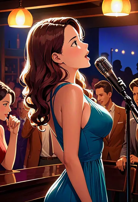 score_9, score_8_up, score_7_up, 1girl, same girl, Latina model Izabel Martinez, jazz singer, (stand up the stage, passionated singing into vintage microphone, side view, all side body and face, american plan, sexy, healthy, tight long dress, long gloves, a diva, cute hairstyle, smoky environment, natural night bar lighting, a spotlighting over her, people at tables in the audience behind her, bohemian atmosphere. high detailed vintage 50's jazz bar background, long hair, brown hair, tanned, mid parted hair, curvy, perfect big breasts, perfect big butt, thigs, perfect 5fingers hands, vivid colors, dark environment, vivid colors, close up portrait, side view, eye-level. Masterpiece, high quality, consistency. Summer Nights Style SDXL_LoRA_Pony Diffusion V6 XL:0.8>