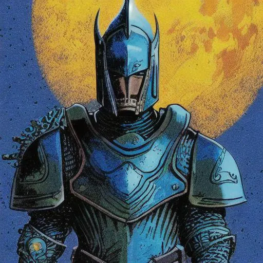 philippe druillet,enki bilal,moebius inspired french comics, bird's-Eye View of a man knight armor, resting in a haze of smoke, dust, eerie colored gas fog, <lora:primaris_marine-knight_armor-000007:0.8>, g1g3r, <lora:g1g3r:0.4>, distinct contrast in colors and textures, grainy texture,surreal