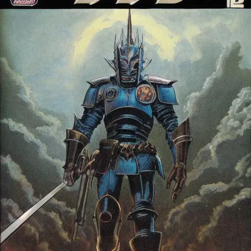 philippe druillet,enki bilal,moebius inspired french comics, bird's-Eye View of a man knight armor, resting in a haze of smoke, dust, eerie colored gas fog, <lora:primaris_marine-knight_armor-000007:0.8>, g1g3r, <lora:g1g3r:0.4>, distinct contrast in colors and textures, grainy texture,surreal