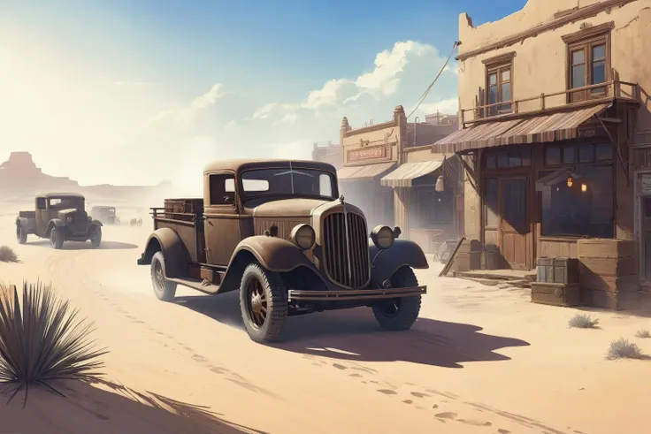 western, vintage, vintage automobile, {post apocalypse}, {dieselpunk}, desert town, sand, , {abandoned town}, nomads, fantasy, art by ross tran and greg rutkowski, {{dusty town}}, 1930s pickup trucks,