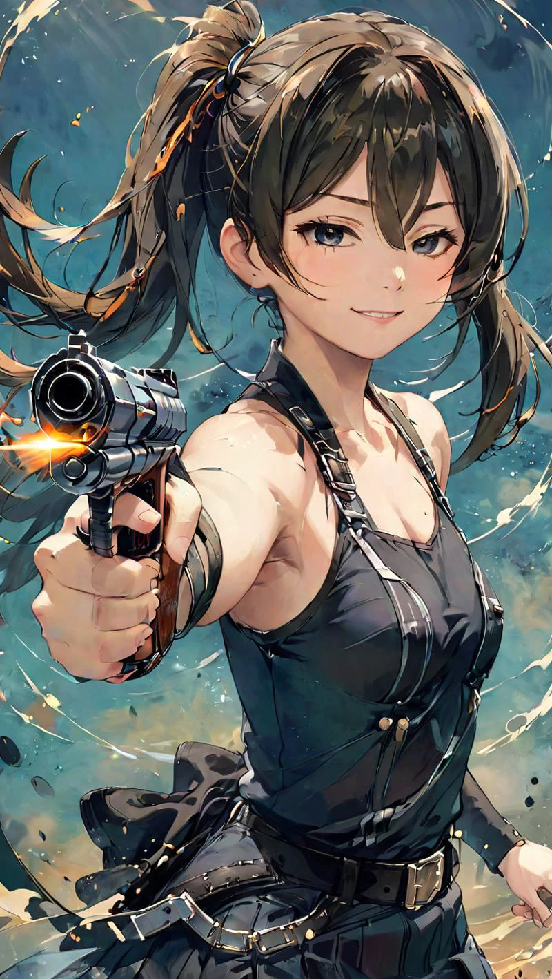 highly detailed, HD, masterpiece, best quality, hyper detailed, ultra detail, <lora:SDXL_ubel_animegine-xl3:0.8>1 girl,ubel,smile,closed mouth,side ponytail,cowboy shot,belt, black jacket, arm strap, thigh strap, sleeveless dress, knee boots,small breasts,look at viewer, pointing with gun, upper body,cool pose,<lora:GUNATYOU_XL:0.8> gunatyou <lora:MO-80-2:0.8>, splash art, ananmo