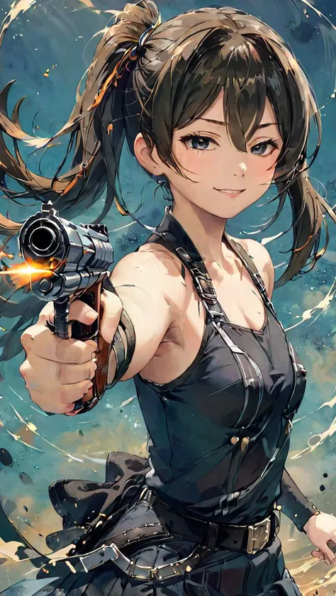 highly detailed, HD, masterpiece, best quality, hyper detailed, ultra detail,  <lora:SDXL_ubel_animegine-xl3:0.8>1 girl,ubel,smile,closed mouth,side ponytail,cowboy shot,belt, black jacket, arm strap, thigh strap, sleeveless dress, knee boots,small breasts,look at viewer, pointing with gun, upper body,cool pose,<lora:GUNATYOU_XL:0.8> gunatyou <lora:MO-80-2:0.8>, splash art, ananmo