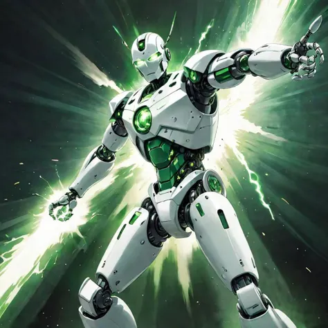 green and white robot blast a huge energy beam