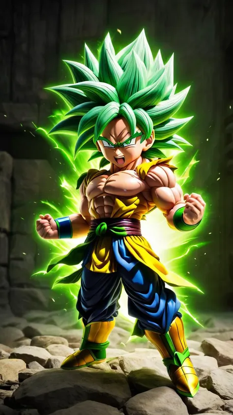 (Broly the legendary super sayan) with green hair, realistic photo, (raw photo of Broly cosplay),((chibi)), legendary super sayan, (masterpiece),(best quality),(ultra-detailed), (full body:1.2), ,, simple background,((chibi)),cute,dynamic pose, destroyed , full body, (detailed face), (detailed eyes), (((full body))),